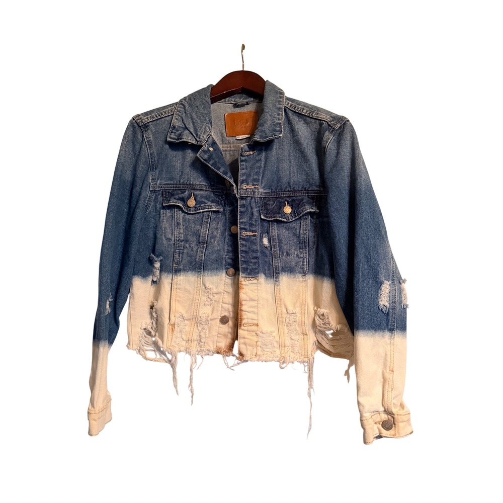 Vintage 90's BBJ Los Angeles Women's Distressed‎ Dip Dye Denim Jacket Blue Lg